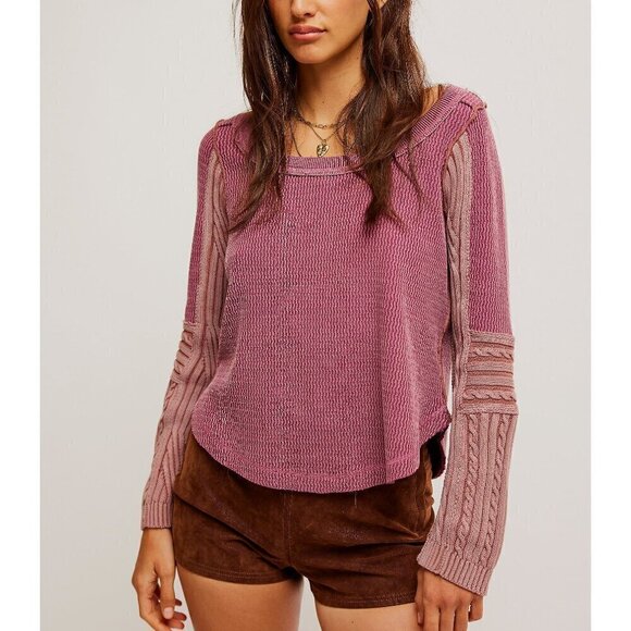 Free People Tops - FREE PEOPLE We The Free Swinging Cable Cuff Top Tee / Vineyard Grape Combo XS